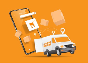 a delivery car and a delivery box fly out of a smartphone with a shopping cart icon on screen for delivery and shopping online concept design,vector 3d isolated,object on orange bacground