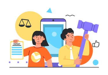 students studying jurisprudence, learning digital law, legal protection course. flat abstract metaphor outline cartoon vector illustration concept design. simple art isolated on white background