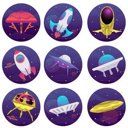 collection of circle stickers with fantasy spaceships and rockets, flat vector illustration isolated on white background. set of decorative round elements with spacecraft.