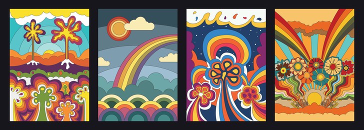psychedelic floral backgrounds, fantastic flowers, volcano, rainbows, fantasy landscapes