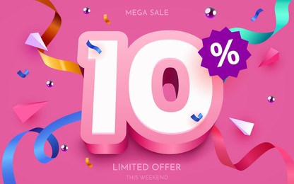 10 percent off. discount creative composition. 3d mega sale 10% symbol with decorative objects. sale banner and poster. vector illustration.