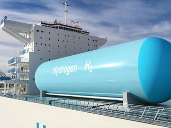 liqiud hydrogen renewable energy in vessel - lh2 hydrogen gas for clean sea transportation on container ship with composite cryotank for cryogenic gases. 3d rendering.