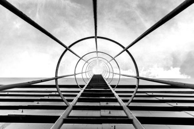  black and white fire escape ladder on a building, iron staircas
