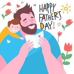 happy father's day lettering and happy dad with his son in his arms. greeting card for the holiday. vector illustration in cartoon style