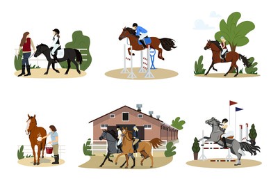 gathering of people on horseback. a group of cute men, women and children practicing horse riding or equestrian sports, taking care of their pets. flat cartoon colorful vector illustration.