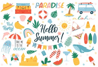 summer elements set: ice cream, dolphin, beach, watermelon, surfboard, swimsuit, flippers, flowers, plants. cute and colorful stickers for posters, scrapbooking, summer party invitations.