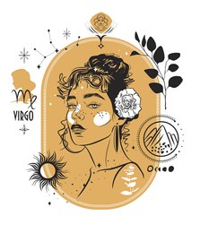 zodiac sign virgo. vector illustration with a portrait of a beautiful girl. zodiac sign with elements of astrology of this sign. stars, symbols, a branch of eucalyptus.