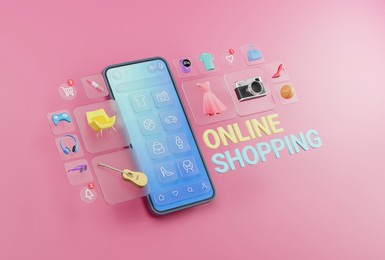 online shopping website mobile application digital marketing store on screen smartphone showcase icon display. 3d rendering.
