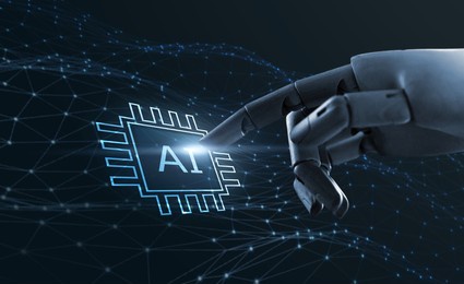 robot hand artificial intelligence ai self learning improving development problem solving solution tasks of future technology, ai graphics computer chip brain memory power, futuristic blue background.
