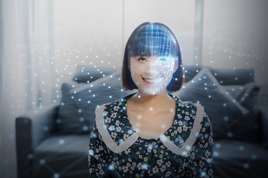 face detection ai technology, facial recognition security user identification access, asian girl working at home, smart scanning sensor world environment surrounding concept, 3d modeling wireframe.