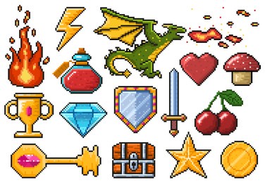 pixel game elements. games ui magic items, fire, trophy, coin, dragon and poison vector illustration set. digital pixelated 8 bit game symbols. magic pixel game, chest and potion, pixelated 8 bit