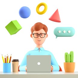 3d illustration of smiling man with laptop working at the desk. cartoon businessman chatting on the computer with flying geometric figures and speech bubble. business abstract presentation concept.