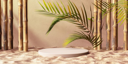 bamboo, tropical leaves and beach sand stylized scene decoration for product presentation, 3d rendering summer abstract background