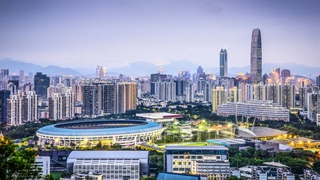 shenzhen, china city skyline at twilight.