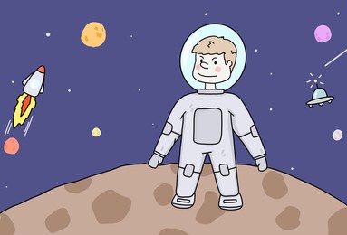 astronauts in outer space cartoon ,hand drawn galaxy concept.