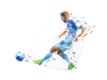 soccer player kicking ball, low polygonal footballer. geometric isolated vector illustration from triangles
