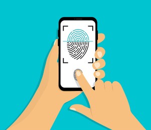 hand holds smartphone with scanning fingerprint. identification of fingerprint on smartphone in flat style. concept of identification of the user on fingerprint in the mobile phone. vector