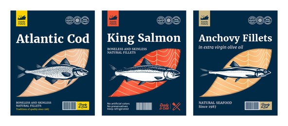 flat style fish packaging design, vector. salmon, atlantic cod and anchovy fish illustrations