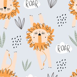 seamless pattern with cute lion cub and decorative elements on a blue background. vector illustration for printing on fabric, packaging paper, clothing. cute baby background