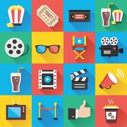 colorful modern vector flat icons set with long shadow. quality design illustrations, elements and concepts for web and mobile apps. cinema icons, entertainment icons, movie production icons etc.
