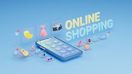 online shopping website mobile application digital marketing store on screen smartphone showcase icon display. 3d rendering.
