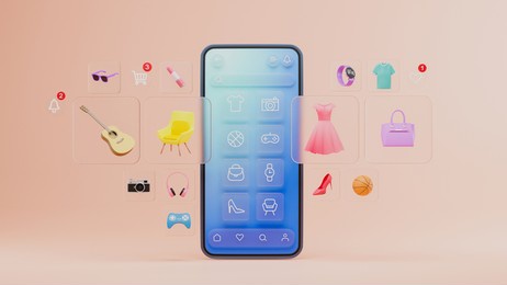 online shopping website mobile application digital marketing store on screen smartphone showcase icon display. 3d rendering.