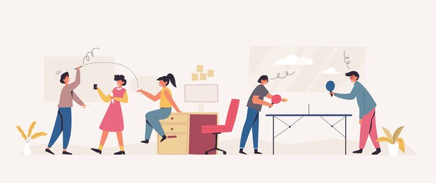 office staff play a game together in relaxing time, some play table tennis. some play guessing problems. vector illustration flat design