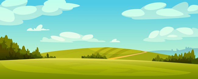 green fields landscape, rural hills, pasture grass, meadows and trees, blue sky on background. vector grassland, country agriculture, farmland. ecology environment panorama, summer spring nature