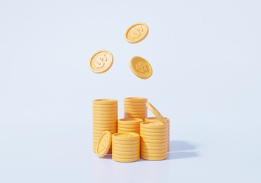 money dollar stacks and floating , coins business investment, growth calculate finance saving concept. on pestel sky blue background, 3d rendering