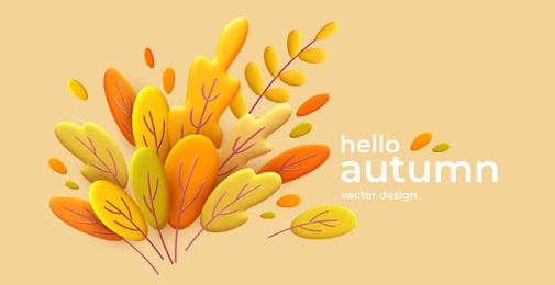 hello autumn 3d minimal background with autumn yellow, orange leaves background. 3d fall leaves for the design of fall banners, posters, advertisements, cards, sales. vector illustration eps10