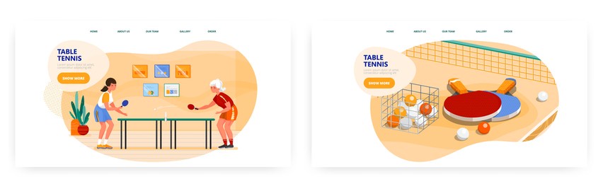 table tennis landing page design, website banner vector template set. girls playing ping pong sport game with rackets.