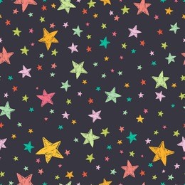 seamless pattern with night sky and colorful hand drawn doodle stars. vector tiling background.