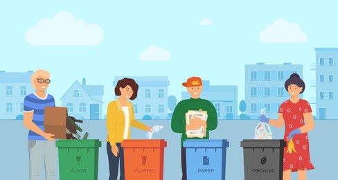people sorting garbage for recycling in city street. responsible men and women stand near dustbin and utilize trash and rubbish in different containers for waste utilization. stop pollution vector