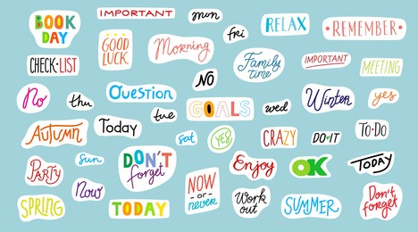 set of cute stickers for weekly or daily planner, diary, organizer. trendy hand drawn lettering words. sticker template. flat vector illustration