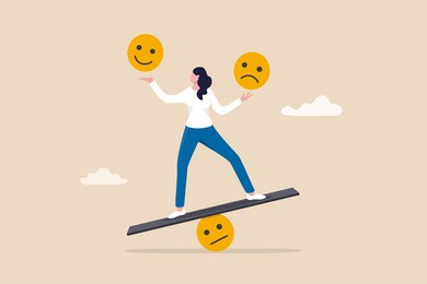 emotional intelligence, balance emotion control feeling between work stressed or sadness and happy lifestyle concept, mindful calm woman using her hand to balance smile and sad face.
