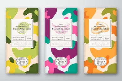 chocolate labels set. abstract vector packaging design layouts collection. modern typography, hand drawn durian, papaya, dragon fruit sketches and colorful camouflage pattern background. isolated.