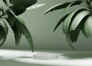 3d background with stone podium display. nature rock pedestal with tropical palm leaf and shadow on green background. cosmetic, beauty product promotion stand with plant. studio 3d render illustration