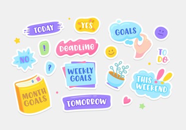 set of stickers today, deadline, yes or no and to do. this weekend, tomorrow, month and weekly goals or this weekend. smile, heart and cup isolated on white background. cartoon vector illustration