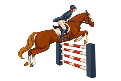 horseback riding. show jumping. a woman in a competition jumps on a horse over an obstacle. cartoon style. vector illustration for books, logo design, postcards.