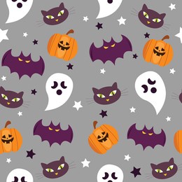seamless halloween pattern with cute pumpkins, bat and cat