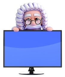 3d render of a judge looking over the top of a widescreen television monitor