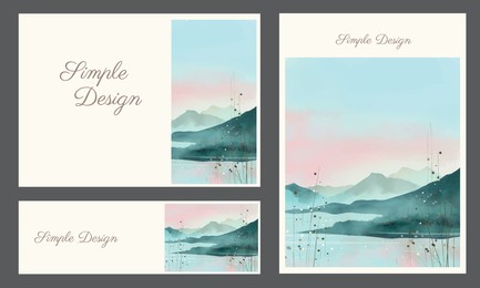 mountain and lake nature illustration design for a simple, luxurious, and elegant card design. beautiful and attractive look with watercolor painting. the clean white background keeps up with a trendy