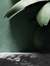 3d background with stone podium display. nature rock pedestal with tropical palm leaf and shadow on green background. cosmetic, beauty product promotion stand with plant. studio 3d render illustration