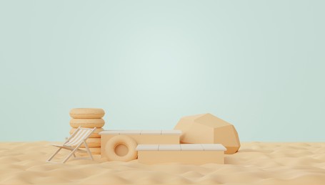 3d render of abstract minimal  display podium for showing products or cosmetic presentation with summer beach scene. summer time season for vacation concept.
