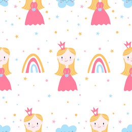 vector seamless pattern with little princess, rainbow and cloud on a white background. perfect for a poster, nursery clothing, postcard, print.