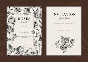 floral vector vertical vintage invitation. set. black and white garden roses.