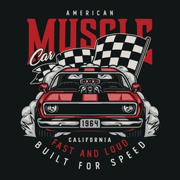 american custom car colorful vintage print with letterings classic muscle car and racing checkered flag isolated vector illustration