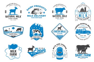 fresh rustic milk badge, logo. vector. typography design with cow, milk farm, truck silhouette. template for dairy and milk farm business - shop, market, packaging and menu