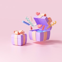 3d surprise gift box, open gift box with objects explosion, greeting, lucky, special offer concept. 3d render illustration