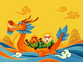 dragon boat festival with rice dumpling cartoon character and dragon boat on water.